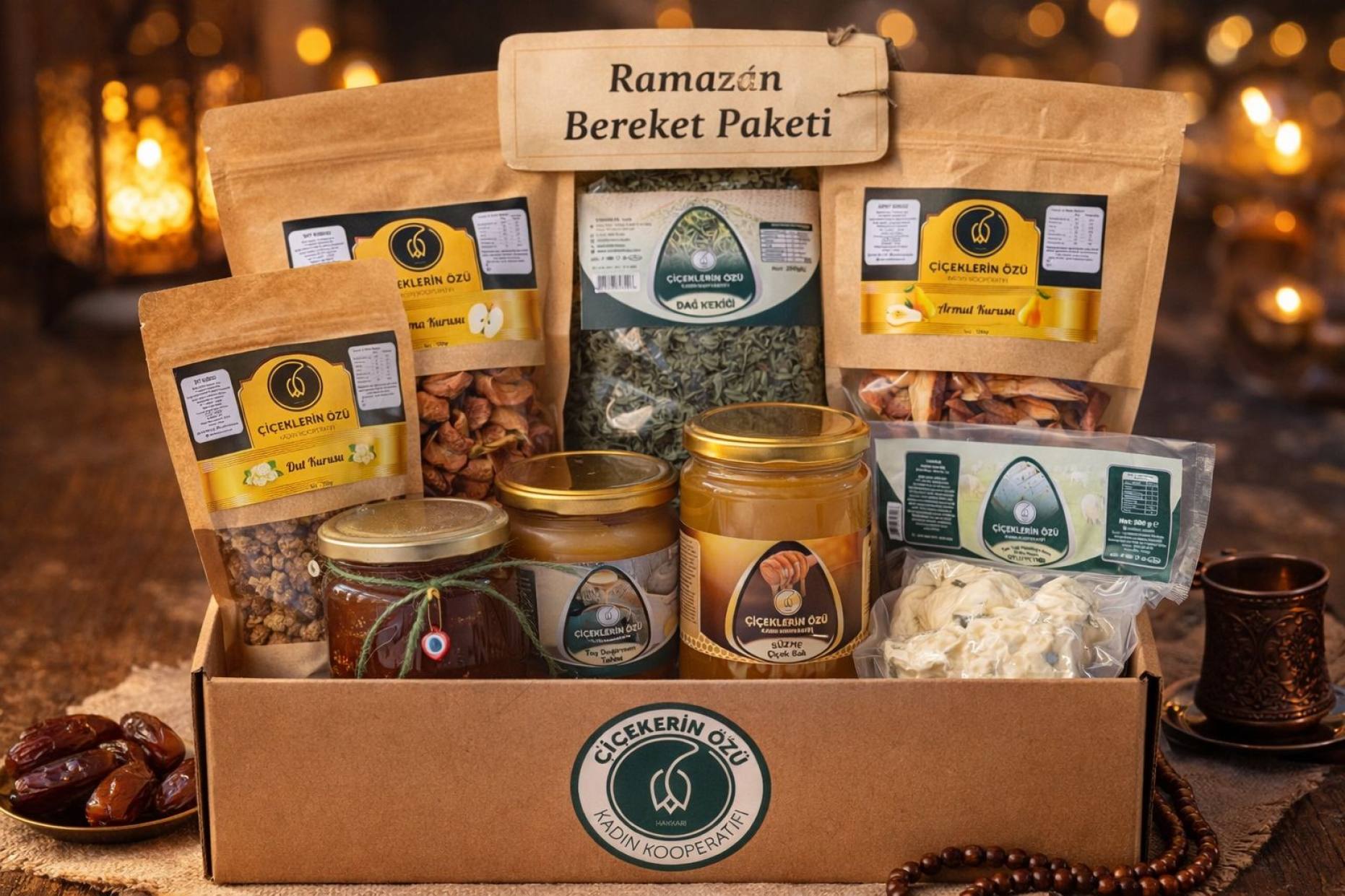 Ramazan paketi (1 kilo süzme bal 500 Gr peynir 500 Gr tahin 650 Gr incir reçeli 250 Gr dut kurusu 250 Gr elma kurusu 250 Gr armut kurusu 100 Gr dağ kekiği )